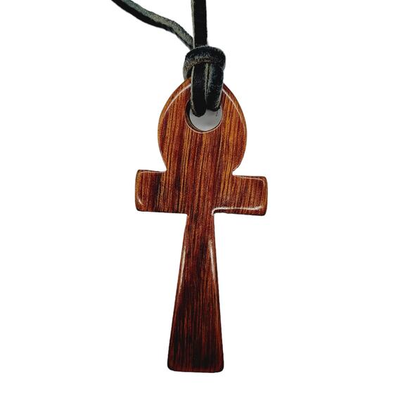 ANKH Brown Carved Wood Ankh 3" on Leather Necklace - Picture 3 of 6